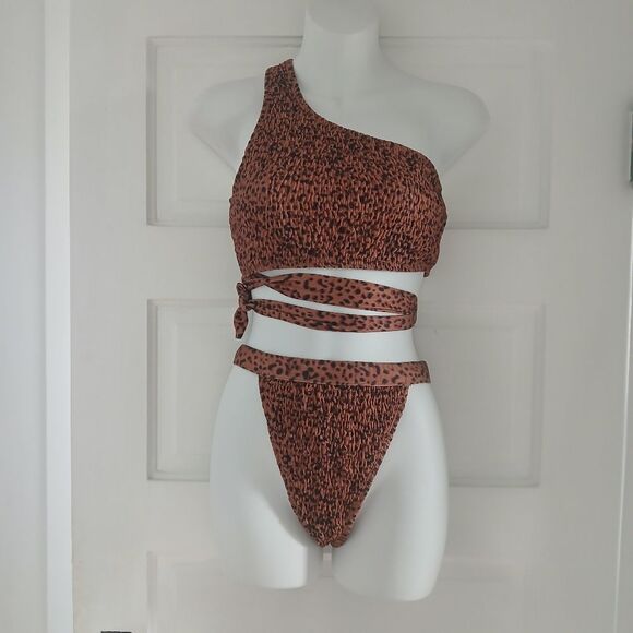 Missguided Tall High Leg Bikini Wrap Tie Style Crinkle Set Animal Print Size 6 - Picture 9 of 14